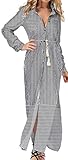 Cruiize Womens Casual Lapel Long Sleeve Striped Button Maxi Dress Black White Small