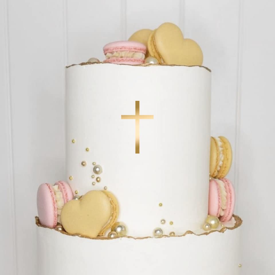 Cake Topper (Small Cross) Acrylic/Wood, Christening, Communion, Confirmation, Cake Sticker, Cake Plug, Table Decoration, Scatter Decoration, Cake Topper, Cake Board (1, Gold)