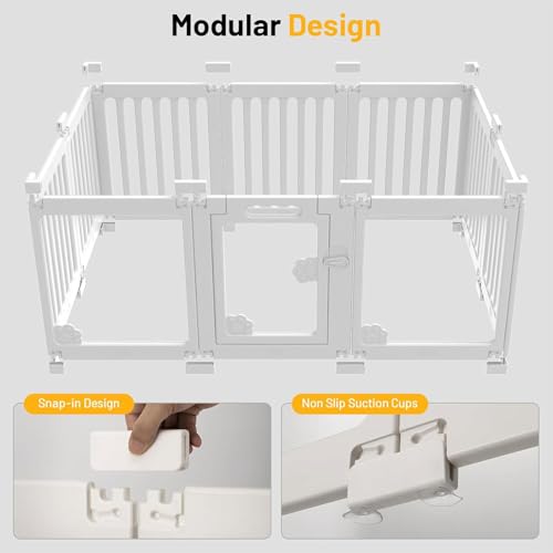 KAPEICamper Dog Playpen, Clear Acrylic Pet Puppy Enclosure Cat Rabbit Play Pen, Easy Assemble Foldable Crate Whelping Box for Medium Dogs with Gate (White, L, 10 Panels)