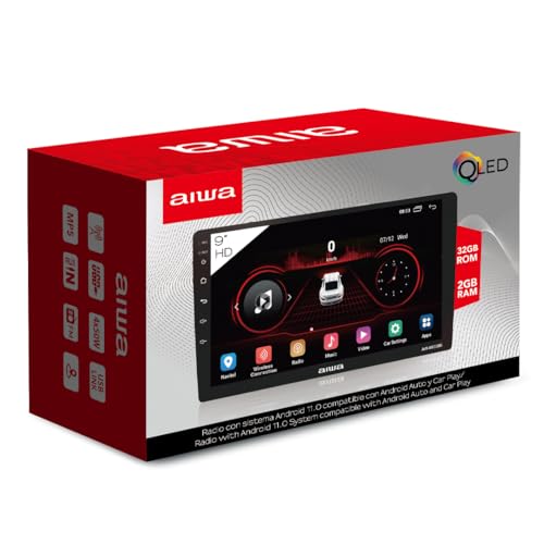 Aiwa Autoestéreo AW-A802BS Android 11 Pantalla QLED 9″ HD Bluetooth 4.2 WiFi GPS USB AUX RCA 4×50W 2GB RAM 32GB CarPlay Android Auto Cámara Reversa Negro