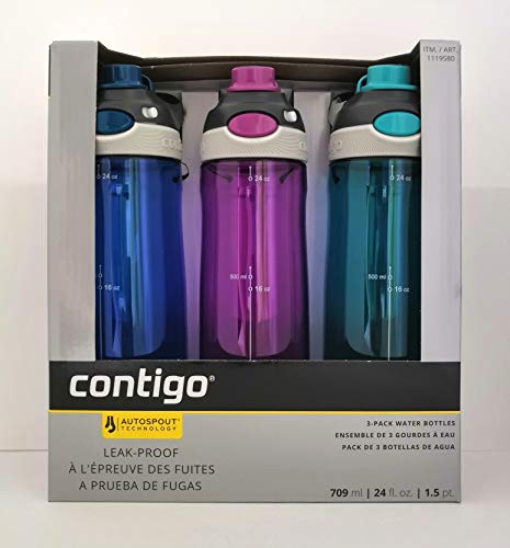 Contigo AUTOSPOUT® Chug Leak-Proof Water Bottles 24oz, 3 Pack (Blue, Purple, Turquoise)