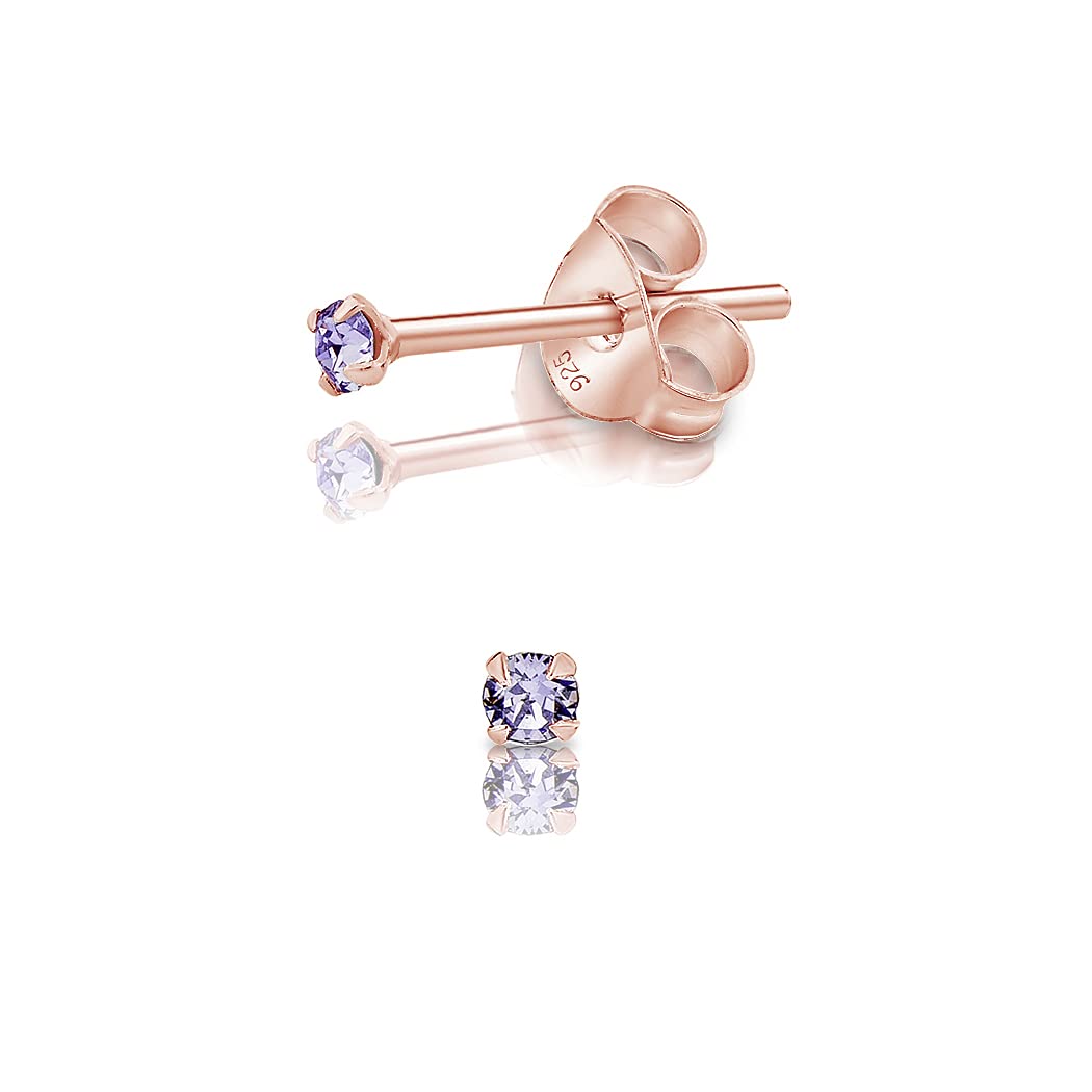 DTPSilver - 925 Sterling Silver Rose Gold plated Round TINY Stud Earrings made with Glittering Crystals from Swarovski® Elements - Diameter: 2 mm - Colour : Provence Lavender