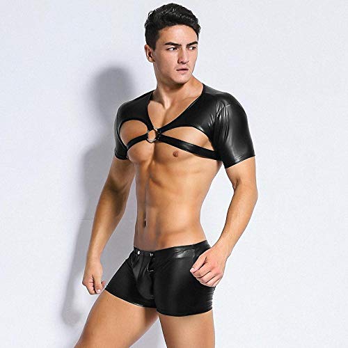 Culotte-E-Parigamba-Magliette-Da-Uomo-In-Ecopelle-Sexy-Lattice-Maschio-Dj-Club-Wear-Nero-Wet-Look-T-Shirt-Attillate-Gay-Pvc-Divertente-Corsetto-Dancewear-Lingerie-BlackM
