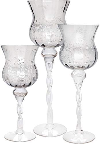 Palais Glassware Elegant Bougeoir Collection, Set of 3 Hurricane Candle Holders (Silver and Clear Tulip Twisted Stem)