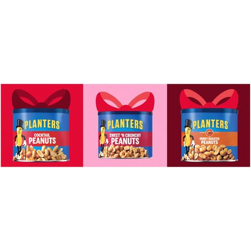 PLANTERS PEANUTS HOLIDAY TRIO PACK – SNACKS VARIETY PACK FOR ADULTS WITH SWEET N CRUNCHY, HONEY ROASTED, AND COCKTAIL PEANUTS (3 COUNT CANISTERS)