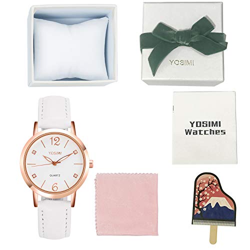 YOSIMI Woman Watch Waterproof Analogue Quartz White Leather Strap Rosegold Case