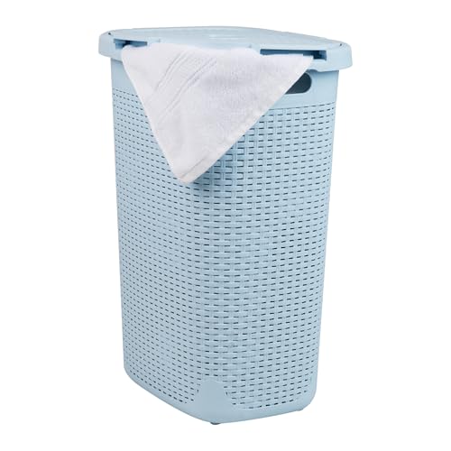 Mind Reader Slim Laundry Hamper with Lid, 60L Clothes Basket, Wicker Design, Plastic, 17.65"L x 13.75"W x 24.15"H, Baby Blue