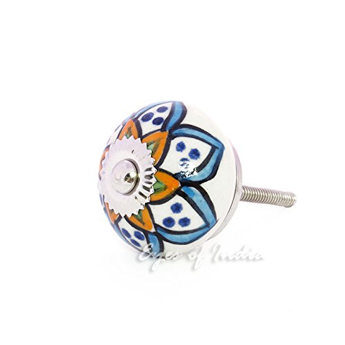 Eyes of India - Set of 2 Yellow Blue Ceramic Cupboard Door Dresser Cabinet Knobs Pulls Shabby Chic Decorative Colorful Boho Bohemian Accent Handmade
