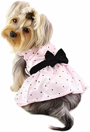 Lovely Pink Satin Dress with Polka Dots on a Tulle Layer and a Velvet Bow for Small Dogs - S