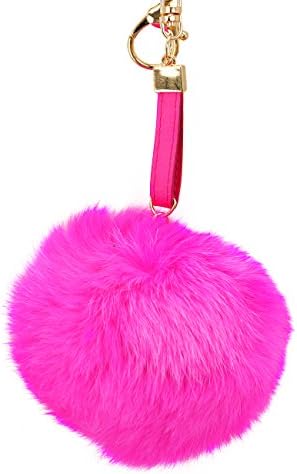 Large Fuchsia Pom Pom w/ Leatherette Stripe Key Chain / Purse Charm