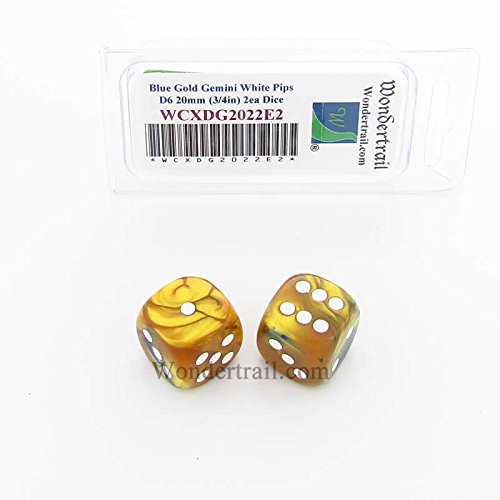 WCXDG2022E2 Blue and Gold Gemini Dice with White Pips 20mm (3/4in) D6 Pack of 2