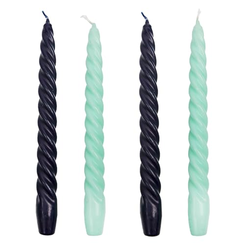 Italian Spiral Twisted Tapered Dinner Candles Unscented Navy Blue and Mint Green Made by Talking Tables 4pack