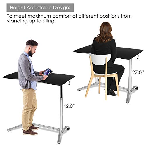 Tangkula Standing Desk Computer Desk, Height Adjustable Sit Stand Desk with Movable Wheels, Portable Writing Study Laptop Table of Iron Pipe Frame, MDF, PVC Tabletop, for Home Office Dorm, Black