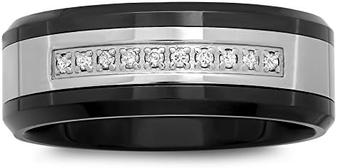 Men’s Stainless Steel 8mm White Diamond Accent Two-Tone Black Wedding Band Ring