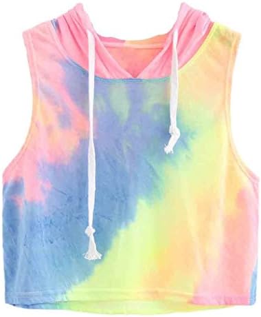New Style! Womens Spring Fashion multicolored Print Sling Hooded Crop Sleeveless T-Shirt Tops Elegant Vest (S, Blue)