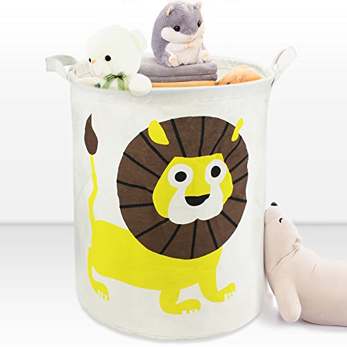 Cotton Canvas Kids Plush Toy Storage Bin, Waterproof Coating Fabric Laundry Bag, Hamper, Collapsible Clothing Basket, Nursery Storage Box, Large Size - iPlay, iLearn(Lion)