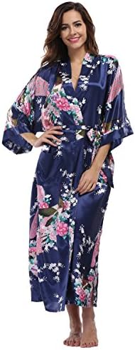 Women's Long Satin Kimono Robes Pure Color Silk Kimono Bathrobes with Oblique V-Neck for Wedding