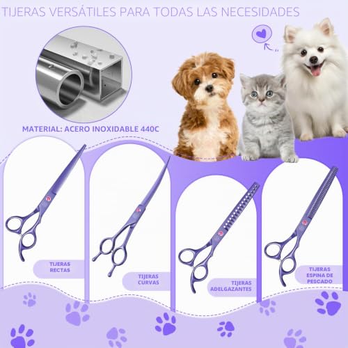 Moontay Professional Dog Grooming Scissors Set, 7"/8" Pet Grooming Scissors, Dog Thinning Scissors with Comb (7", Purple)