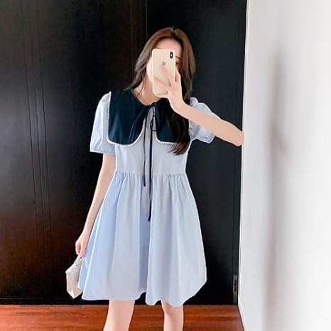 Amazon Co Jp ハイエンドのカスタマイズされた 韓国の気質 年齢削減レースアップネイビーカラースカートヘッジカレッジスタイルのパフスリーブaラインドレス女性の夏 ホーム キッチン