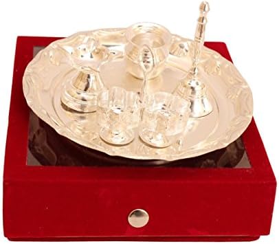 Spiritual World Silver Plated Pooja Aarti Thali With Gift Box, Used As Temple Home, Set Of 5 Pieces, Diwali Gift Item