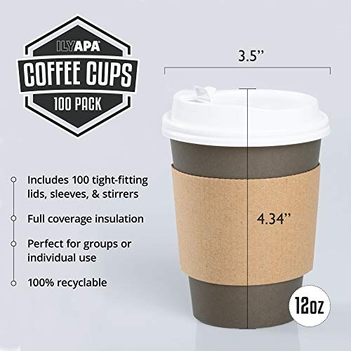 image for Ilyapa 100 Pack - 12 oz To Go Coffee Cups with Sleeves, Lids & Stirrer