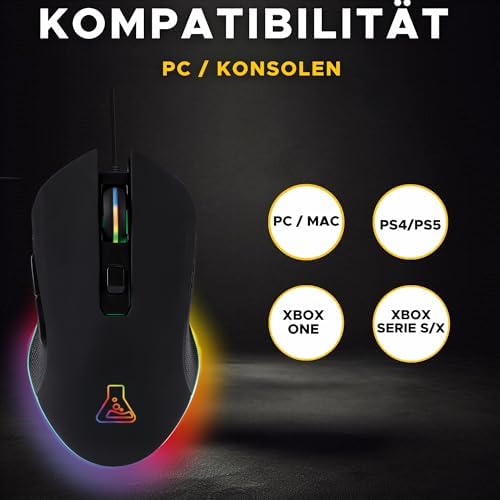 Kult Helium USB-Gamer-Maus mit Kabel - Optischer Sensor mit 800 bis 6400 DPI, 7-farbige LED-Hintergrundbeleuchtung, 6 Tasten - PC Mac Xbox One PS5 (Kabelgebunden)