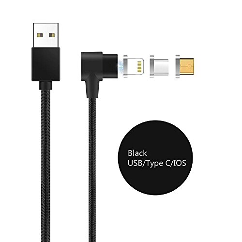 90 Degree 3 IN 1 Magnetic Micro USB/Type C/IOS Fast Charger Charging Cable Line Black