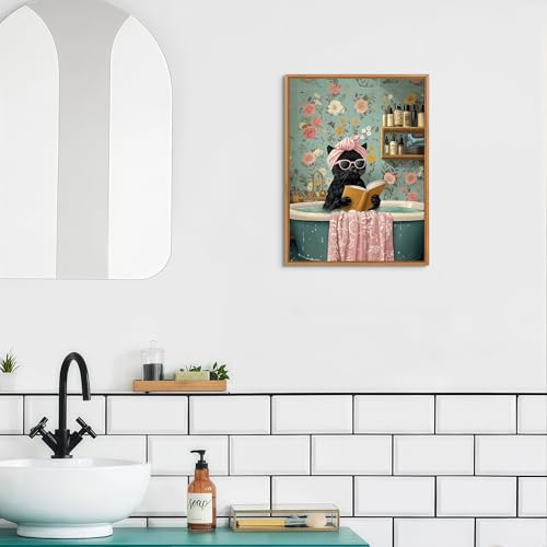 Framed Picture Modern Funny Black Cat Picture Decoration Cute Black Cat Bathing Canvas Painting Picture Decorative Pictures Living Room Bedroom Bathroom Toilet Children's Room 30 x 40 cm