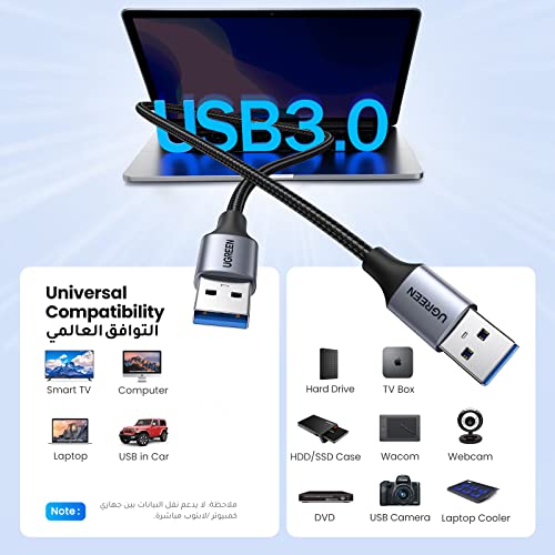 UGREEN USB 3.0 A to A Cable 0.5M 5Gbps USB Male to Male Cord Nylon Braided Wire for Data Transfer Compatible with Hard Drive Enclosures, Printers, Modems, Cameras