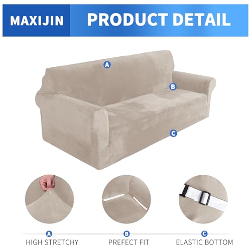 MAXIJIN Thick Velvet Sofa Cover for 3 Seater, Super Elastic Non Slip Sofa Cover, Pet Friendly 1 Piece Furniture Protector (3 Seater, Khaki)