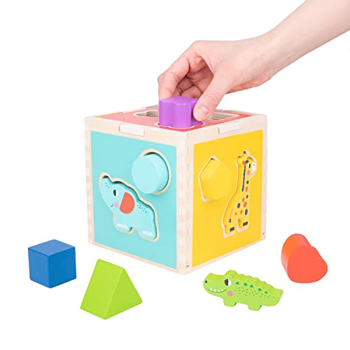 TOOKYLAND Wooden Shape Sorter Cube Toy, Wooden Animal Blocks Geometric