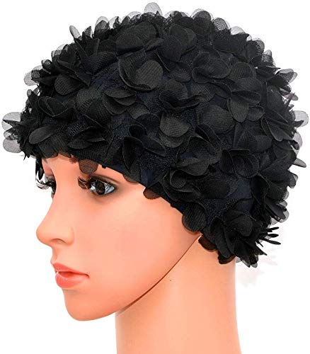 Womens Swim Floral Swim for Womens, Vintage Style, Swimming/Bathing, Pretty Retro Swim Cap(Black)