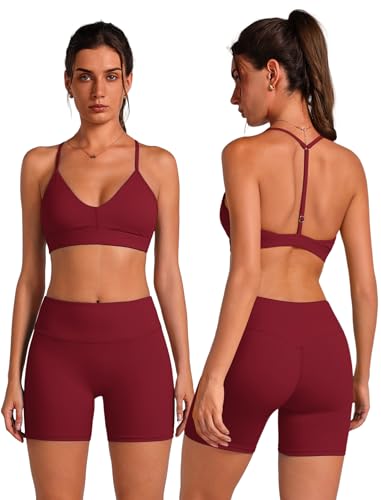 2 Piece Matching Workout Sets for Women Gym Yoga Active Set Strappy Sports Bra Y-back High Waist Booty Lifting Shorts Tummy Control Pilates Outfits Activewear Athletic Work Out Clothes Wine Red L at Amazon