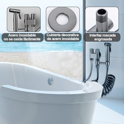 AMZYYDS Bidet Pulverizador, válvula control doble 2 en 1,manguera para wc | llave doble salida,manguera para baño 2M,para WC para limpieza inodoros, baño mascotas, Higiene Personal bidet manguera negro
