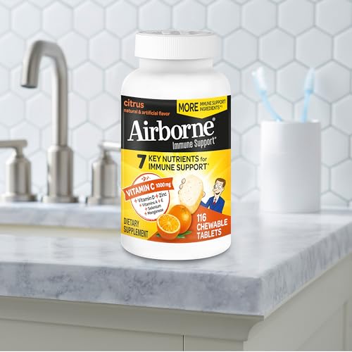 AIRBORNE VITAMIN C 1000MG (PER SERVING) – CITRUS CHEWABLE TABLETS (116 COUNT IN A BOTTLE), GLUTEN-FREE IMMUNE SUPPORT SUPPLEMENT, WITH VITAMINS A C E, ZINC, SELENIUM, ECHINACEA, GINGER, ANTIOXIDANTS