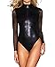 Shawhuwa Womens Sexy Leather Mesh Long Sleeve Zip Front Bodysuit Tops (Medium, Black 11)