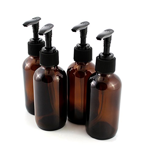 4oz Amber Glass Boston Round Pump Bottles (4 Pack); Great for Lotions, Liquid Soap, Aromatherapy and More