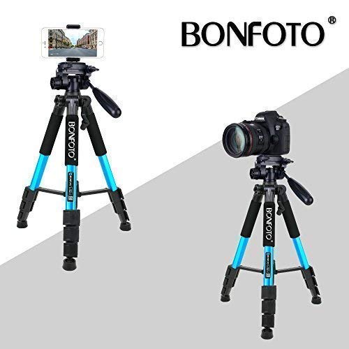 BONFOTO Q111 Portable Pro 55-inch Tripod Compact Lightweight Camera Stand with Phone Holder Mount and Quick Release Pan Head Plate for Smartphones Digital SLR Canon EOS Nikon Sony Samsung(Blue)