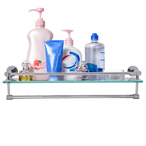 Beyonds Bathroom Glass Shelf with Aluminum Rail, Rectangular Towel Holder Shower Basket Organiser Wall Mounted Shower Storage