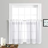 NICETOWN Sheer Curtains for Kitchen Window - Home Fashion Faux Linen Rod Pocket Great Vertical Voile Drapes for Small Windows (White, Set of 2 Panels, 55" Wide x 36" Long)