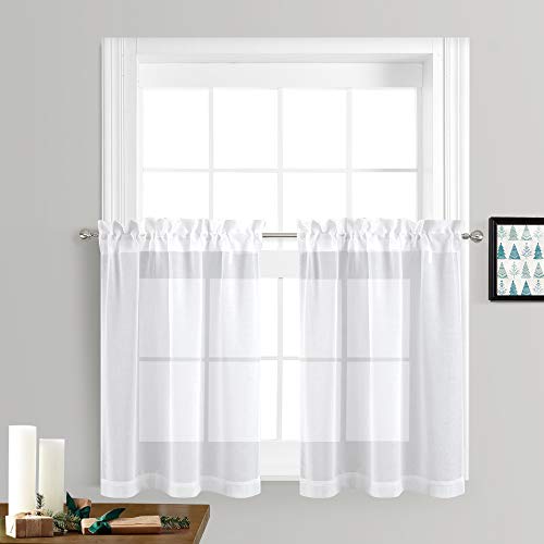 NICETOWN Sheer Curtains for Kitchen Window - Home Fashion Faux Linen Rod Pocket Great Vertical Voile Drapes for Small Windows (White, Set of 2 Panels, 55" Wide x 36" Long)