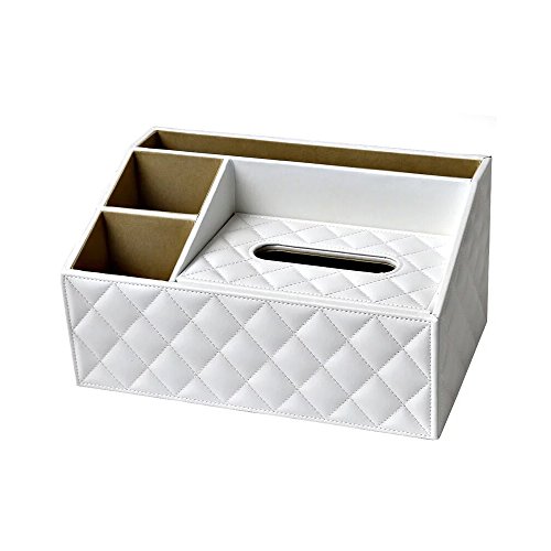 UnionBasic Multifunctional PU Leather Office Desk Organizer iPad Notebook File Box Holder Business Card/Pen/Pencil/Mobile Phone/Stationery Holder Storage Organizer Small Tissue Box (Plaid White - New)