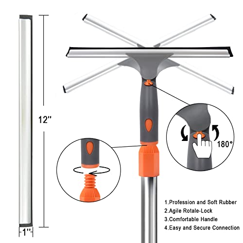 BITOPE Squeegee for Window Cleaning , Rotatable Cleaner Tool with Long Handle Extension Pole，11”Microfiber Scrubber and 12”Wide Squeegee Cleaner Kit for Car，Shower Glass Door，High Windows