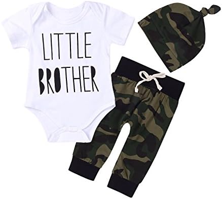 3Pcs Baby Boys Little Brother Camouflage Romper Tops+Pants Leggings+ Hat Outfits Set