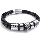 KONOV Mens Leather Stainless Steel Bracelet, Gothic Skull Charms Bangle, Black Silver, 8