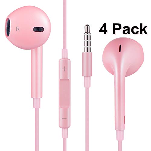 Everdigi Headphones,4Pack Earbuds Stereo Bass Sound Earphones with Built-in Mic Volume Button for iPhone 6/6 Plus,6s/6s Plus,iPhone SE 5s 5c,Smartphones,Galaxy,and More 3.5mm Audio Port Devices(Pink)