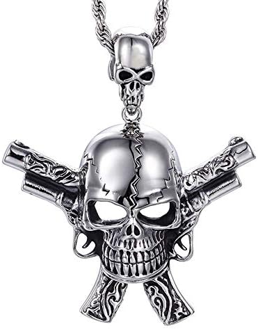 Yuqianqian Punk Gift Jewellery Necklace Mens Silver Black Gothic Mechanic Skull Pendant Stainless Steel Necklace For Men Boy Jewelry (Color : Silver Black, Size : 59 * 67MM)