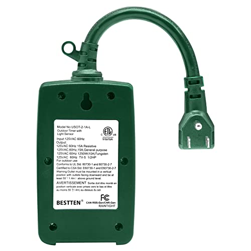 [2 Pack] BESTTEN Weatherproof Outdoor Timer with Photocell Light Sensor
