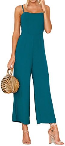 Doqcey Women’s Blue Spaghetti Strap Sleeveless Wide Leg Palazzo Jumpsuits Rompers Bodysuit (L, Blue)