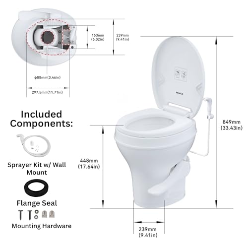 SEAFLO RV Toilet with Sprayer Attachment - White, 18.4” Residential Height, Gravity Flush Foot Pedal Camper Toilet Soft Close Seat Elongated Bowl Motorhome, 4-Year Warranty, SFRTPH-01-02